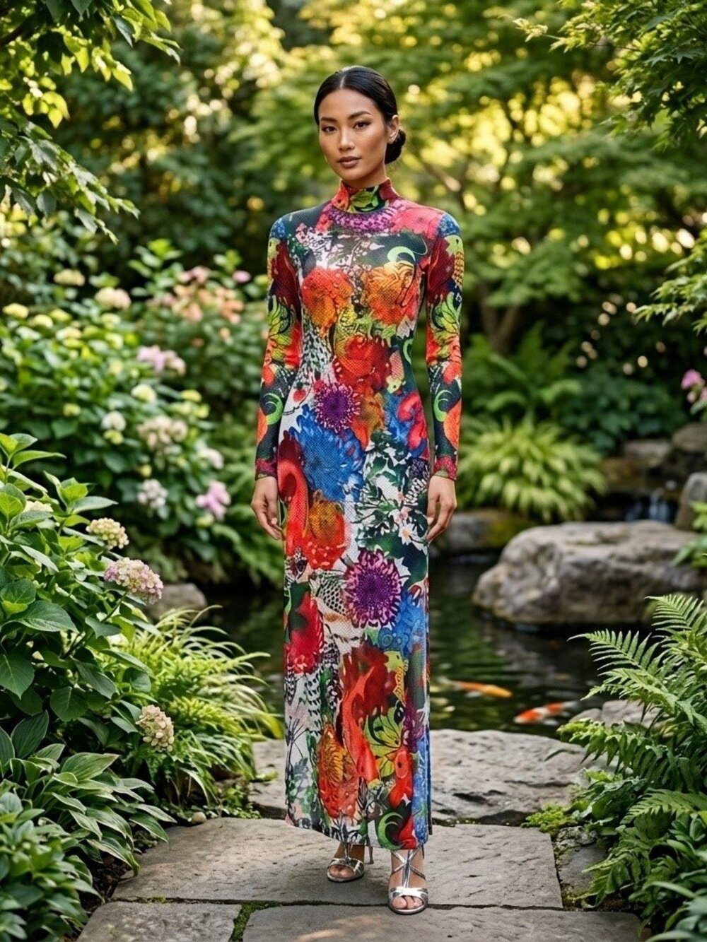 Floral Print Sheer Mesh Maxi Dress